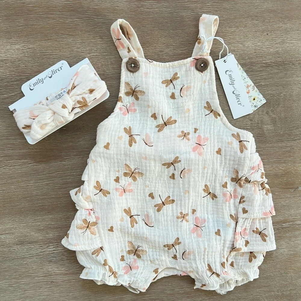 Emily and Oliver Butterfly Ruffle Bubble Romper Headband 12 18 months